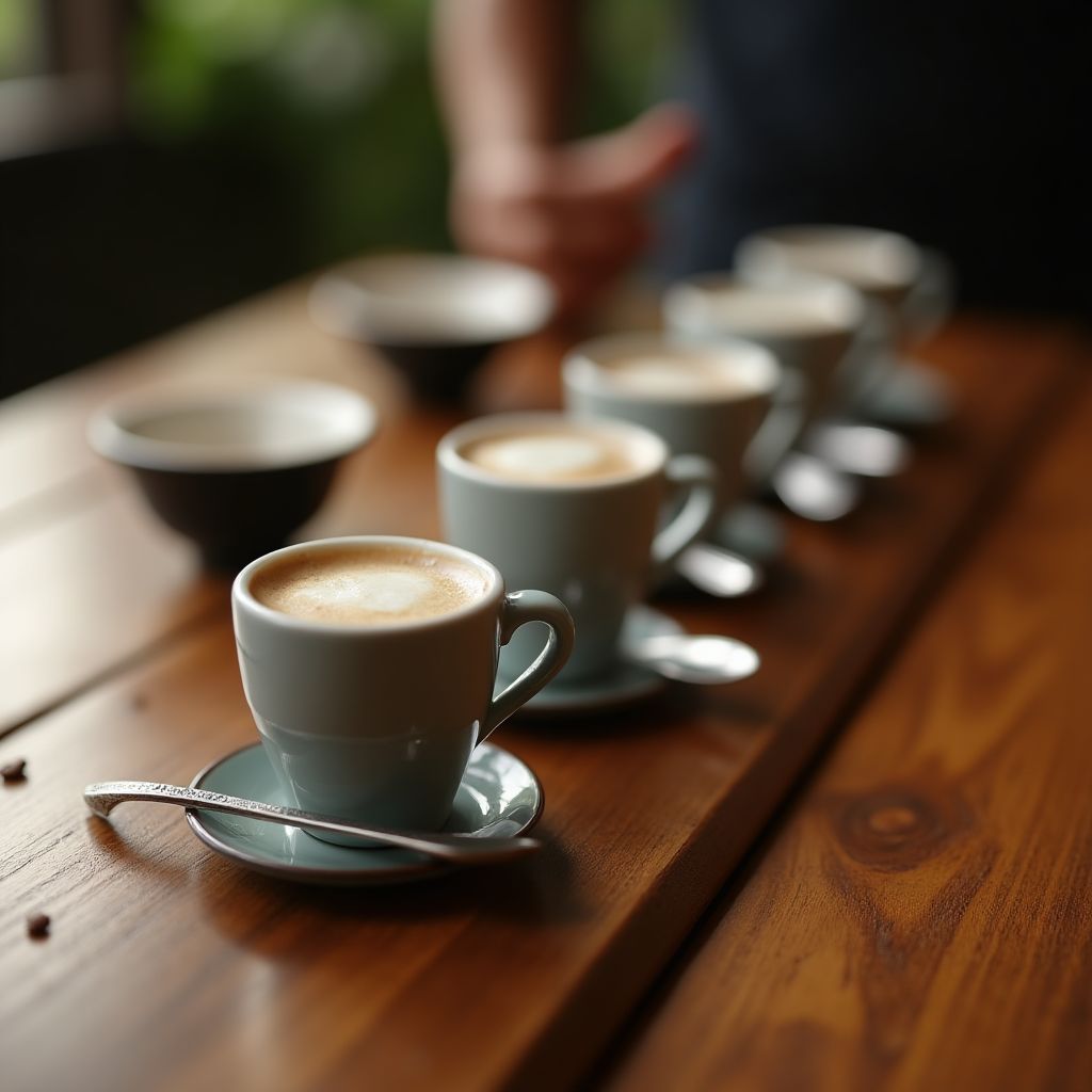 Close-up of coffee cupping session with tasting spoons