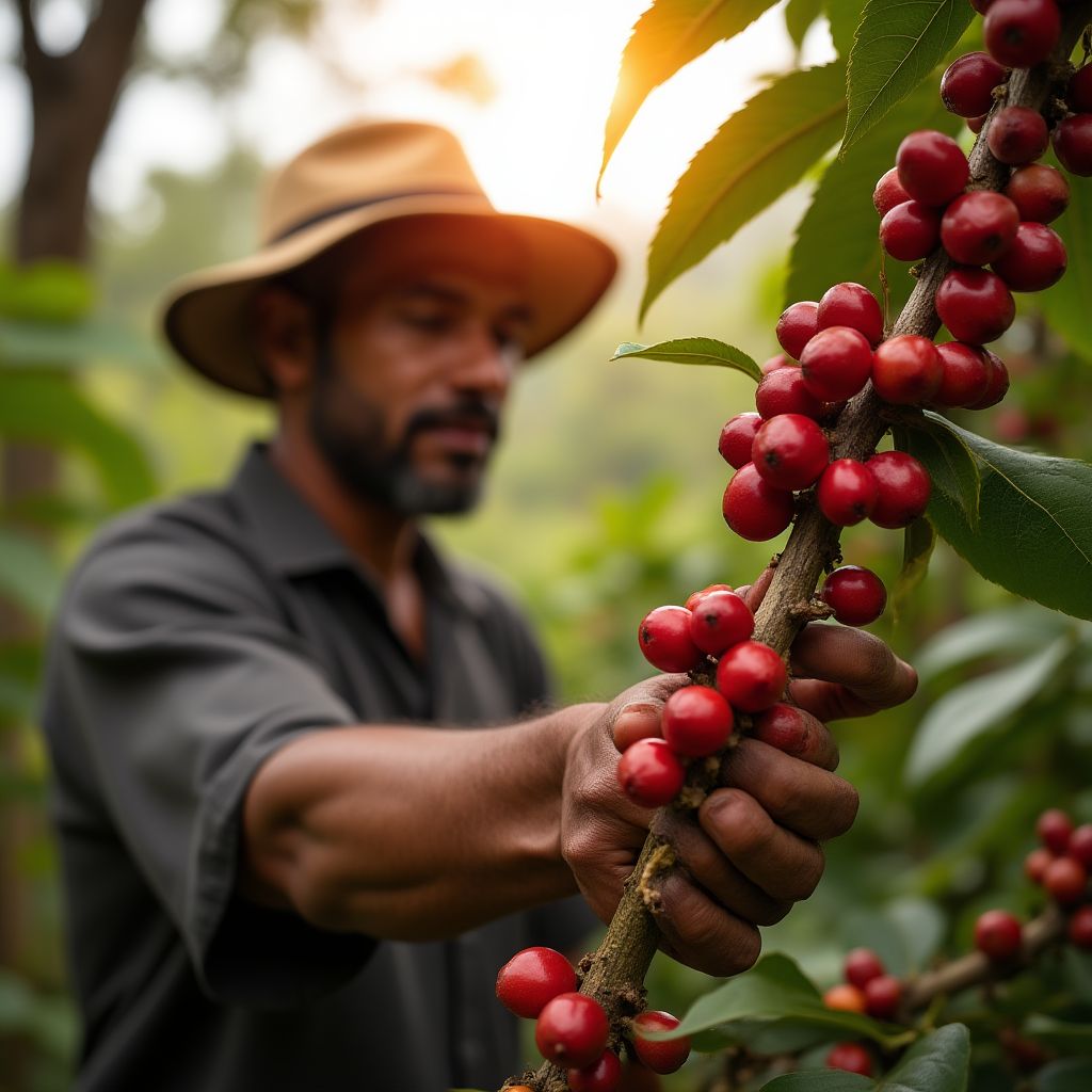 Coffee farmer inspecting ripe coffee cherries with care