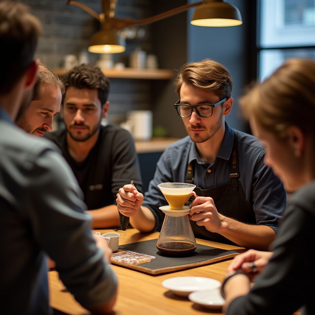 Coffee workshop with engaged participants learning brewing methods