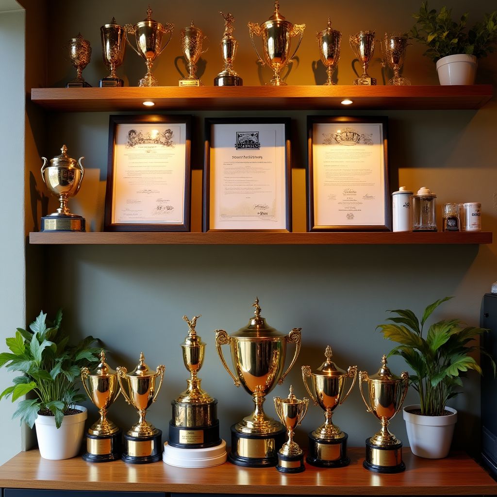 Drift Coffee Co. award display with trophies and certificates