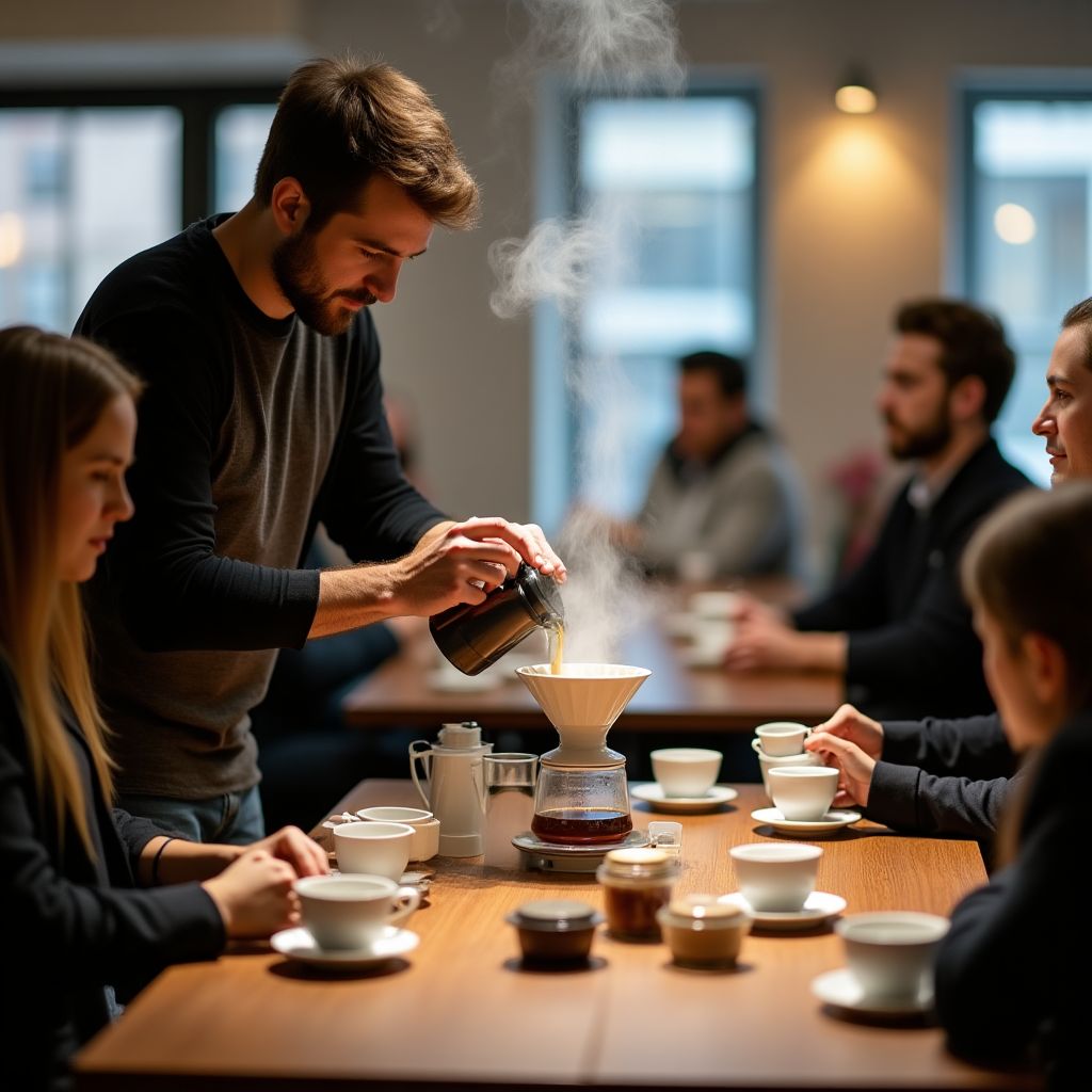 Brewing workshop with participants learning pour-over techniques