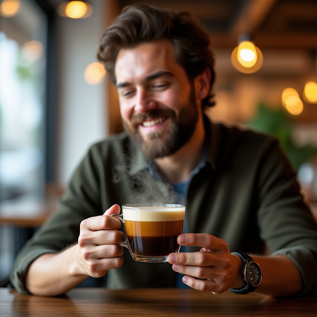 Customer enjoying freshly brewed coffee in café setting