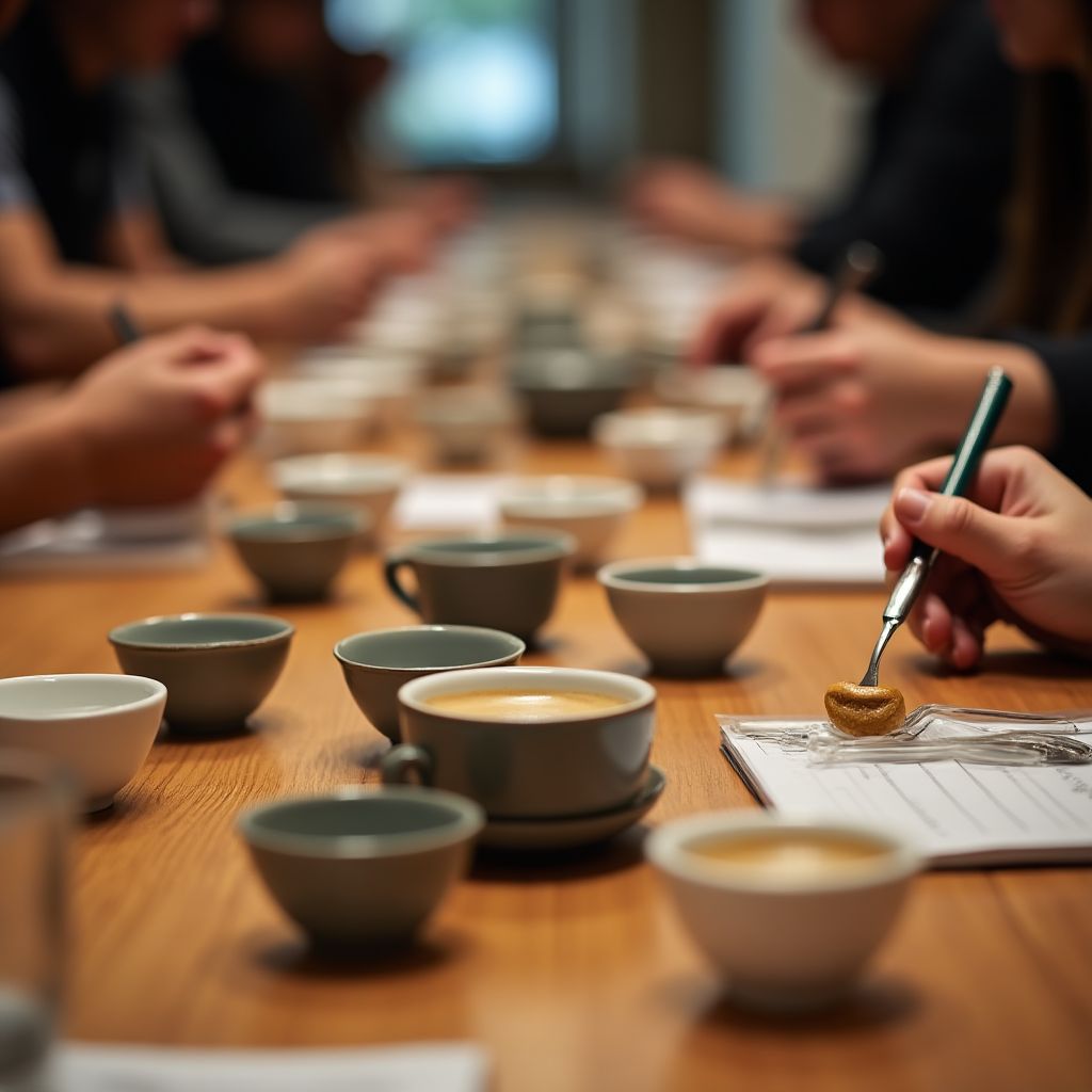 Coffee cupping session with participants evaluating different coffee samples
