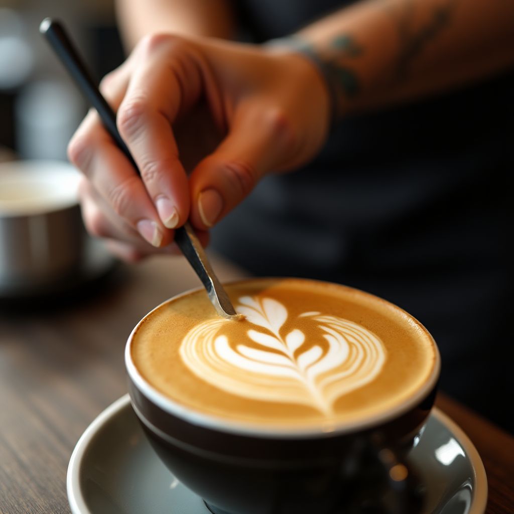 Latte art workshop with barista demonstrating rosetta pattern