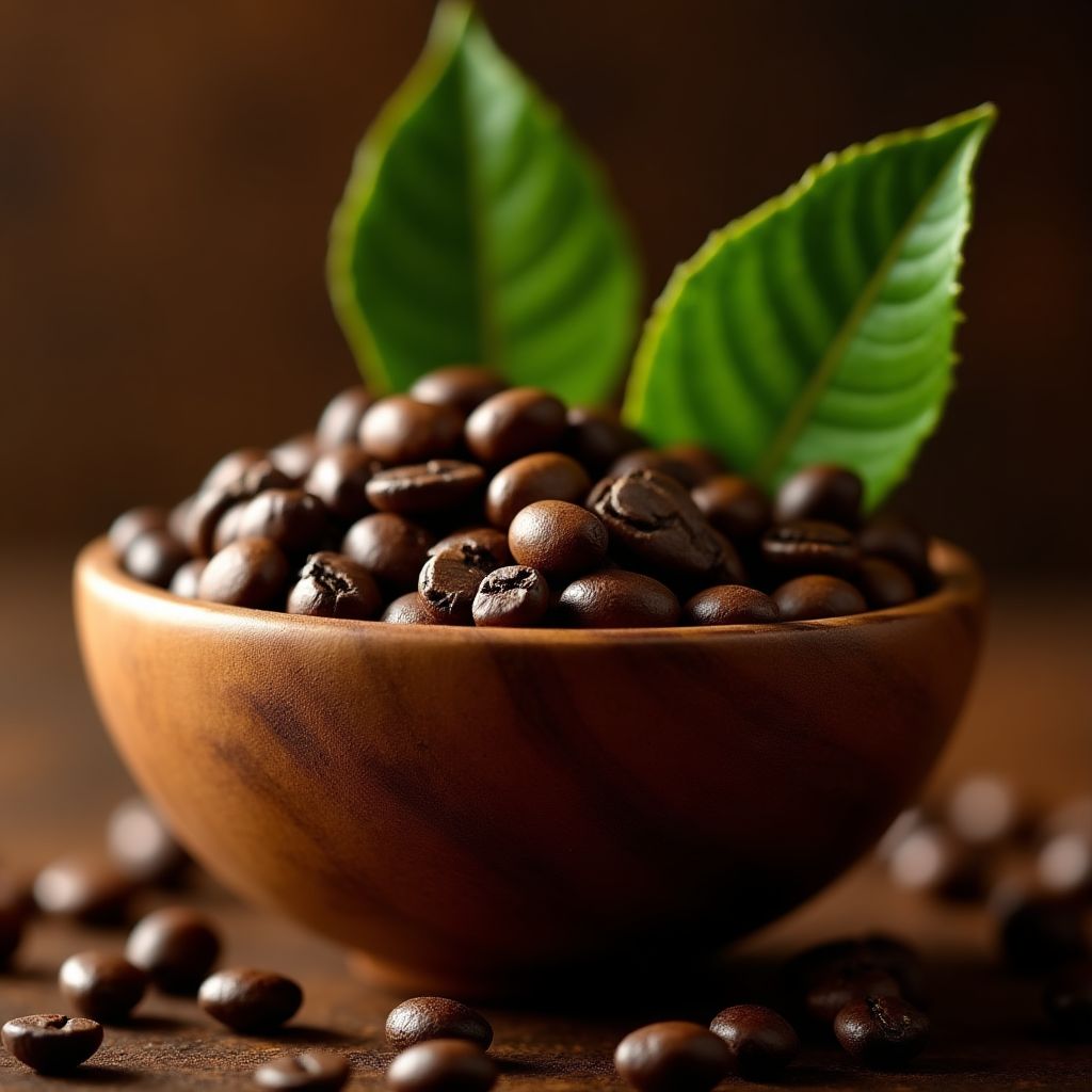 Single origin coffee beans in wooden bowl