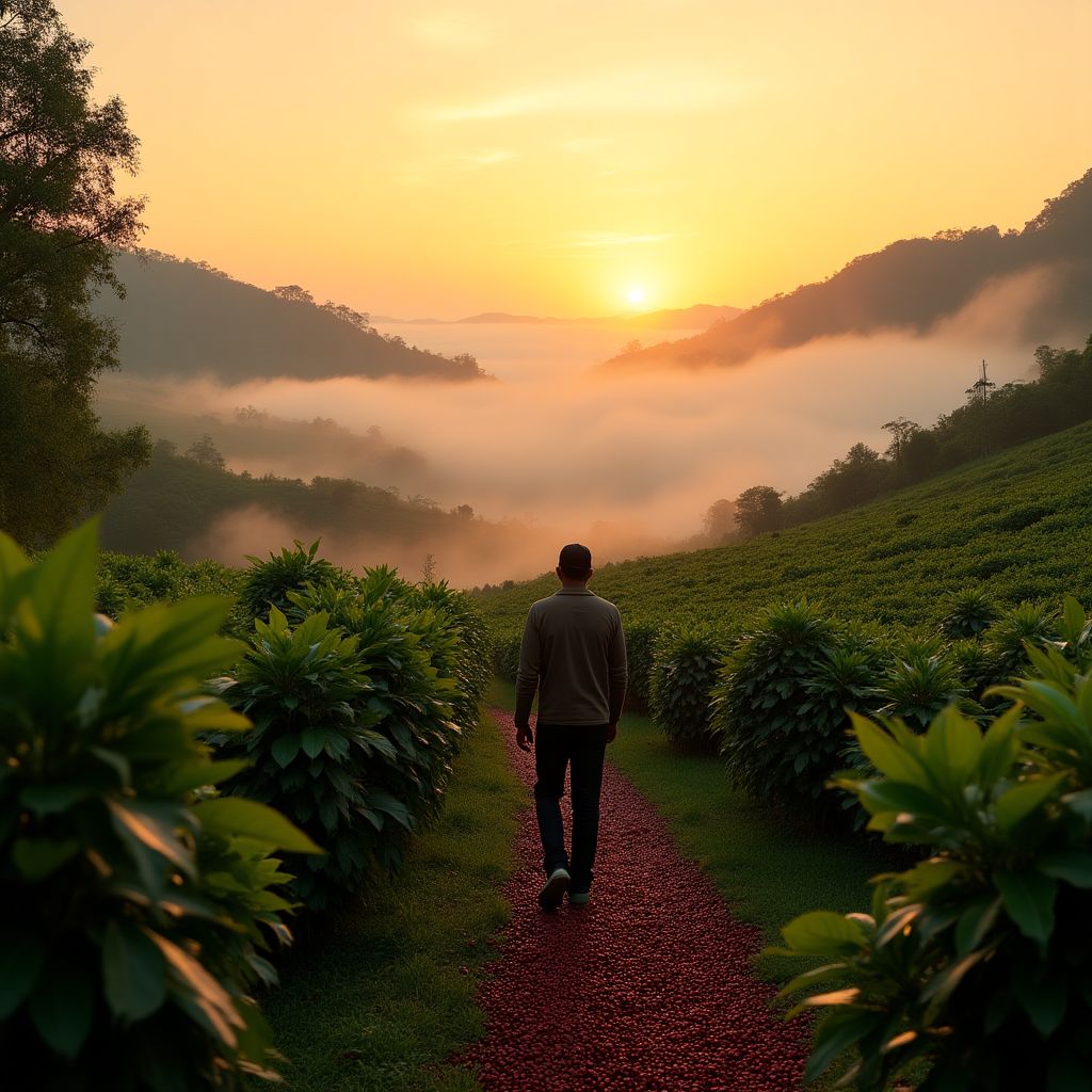 Sustainable coffee farm with workers carefully harvesting beans